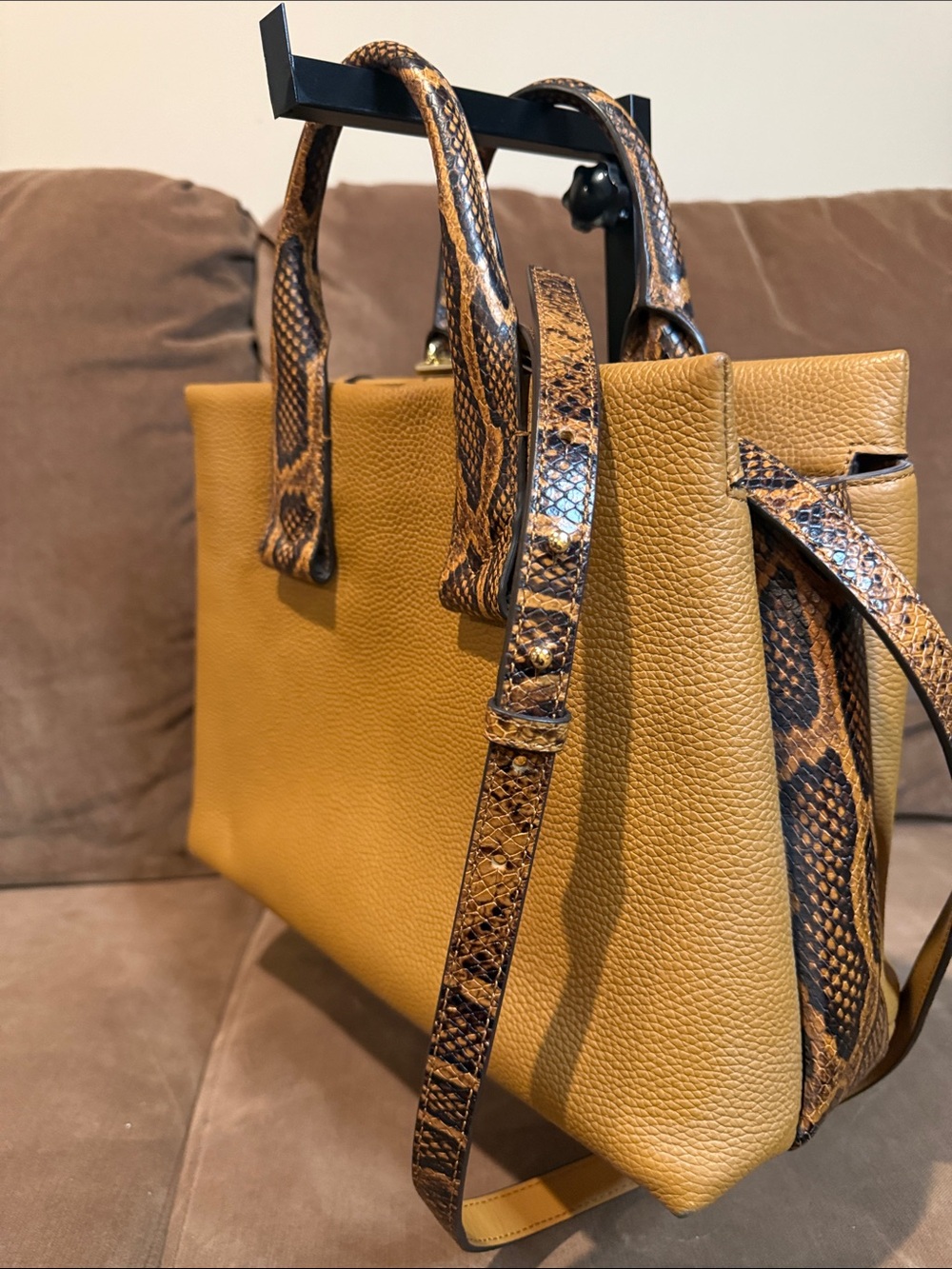 Michael Kors Tan Pebbled Satchel with Snakeskin-Print Handles - Picture 4 of 4